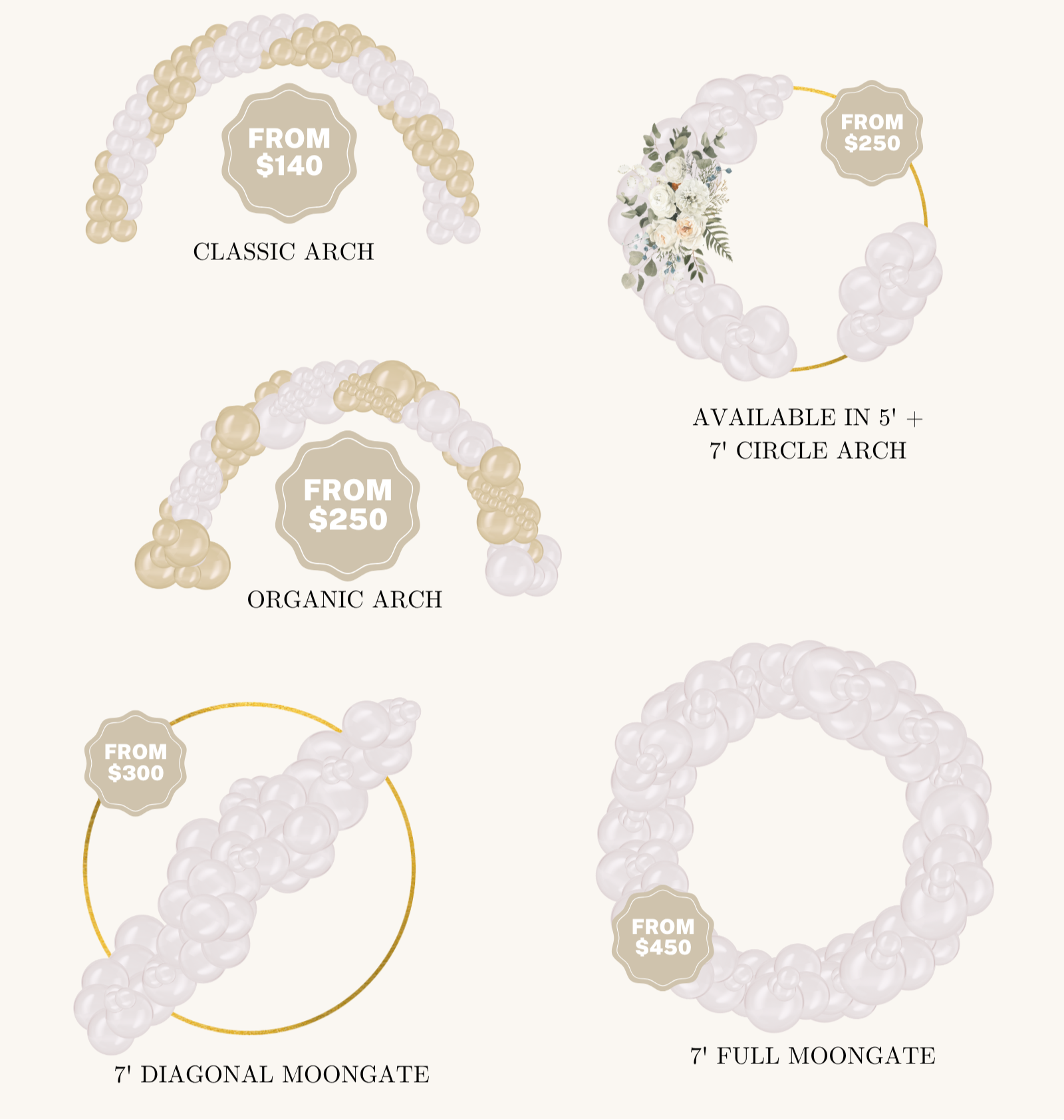 Balloon menu with various balloon arch and wreath designs and pricing from Brightside Balloon Co.