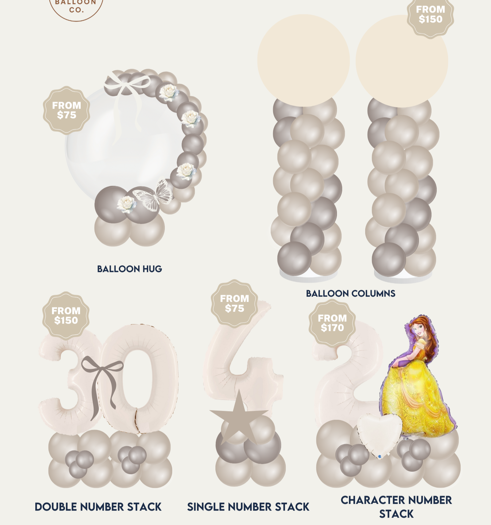 Balloon menu with various balloon designs and pricing from Brightside Balloon Co.