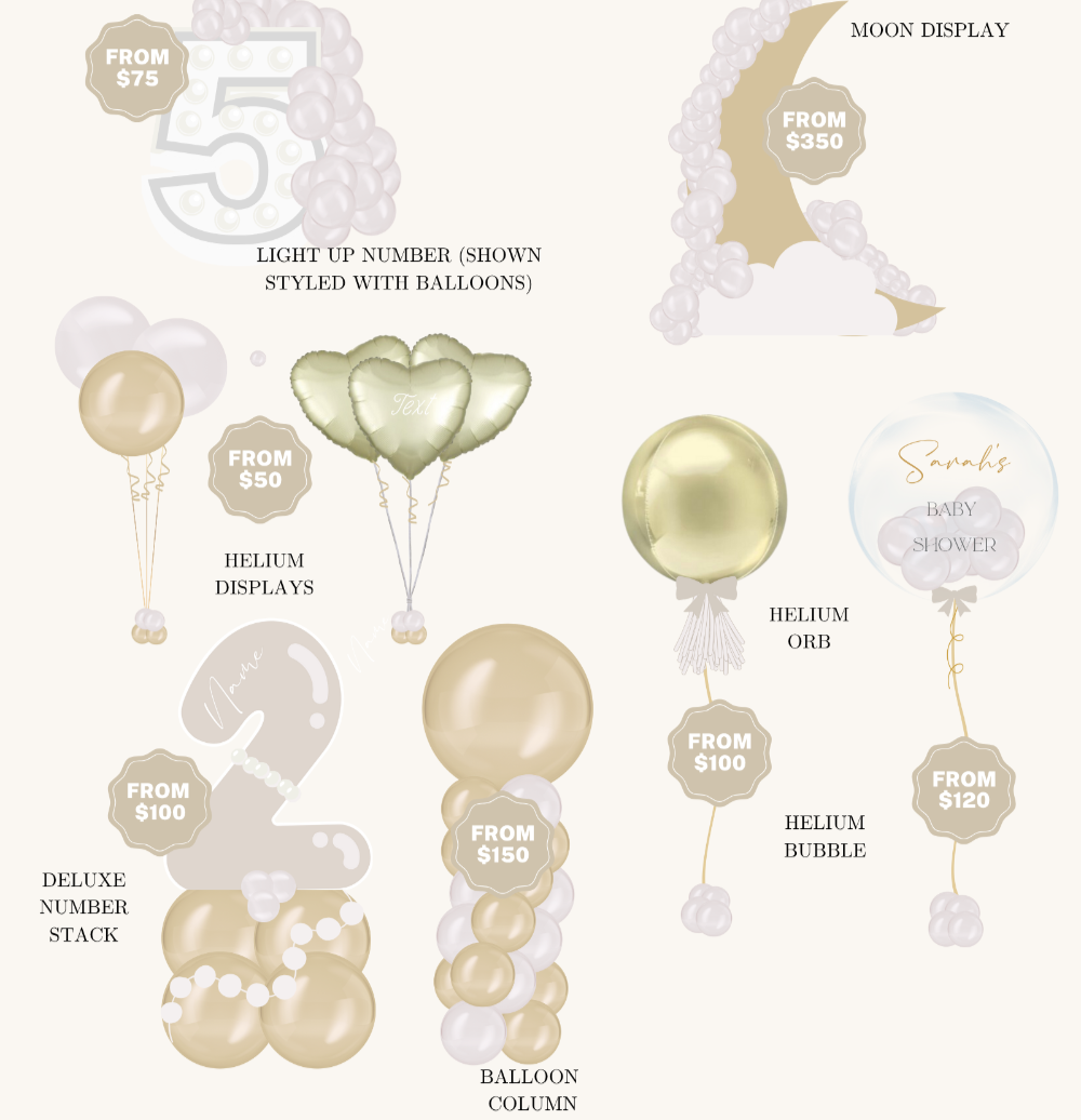 Balloon menu with various balloon display options and pricing from Brightside Balloon Co.